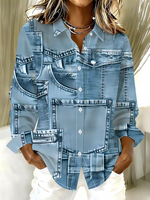 Women Abstract Casual Shirt Shirt Collar Long Sleeve Buckle Top