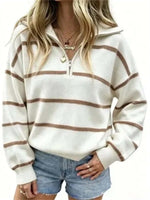 Women's Casual Oversized Zip Front Striped Long Sleeve Top