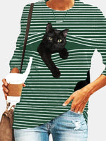 Stripe & Cat Print Long Sleeve Round Neck Slight Stretch T-shirt