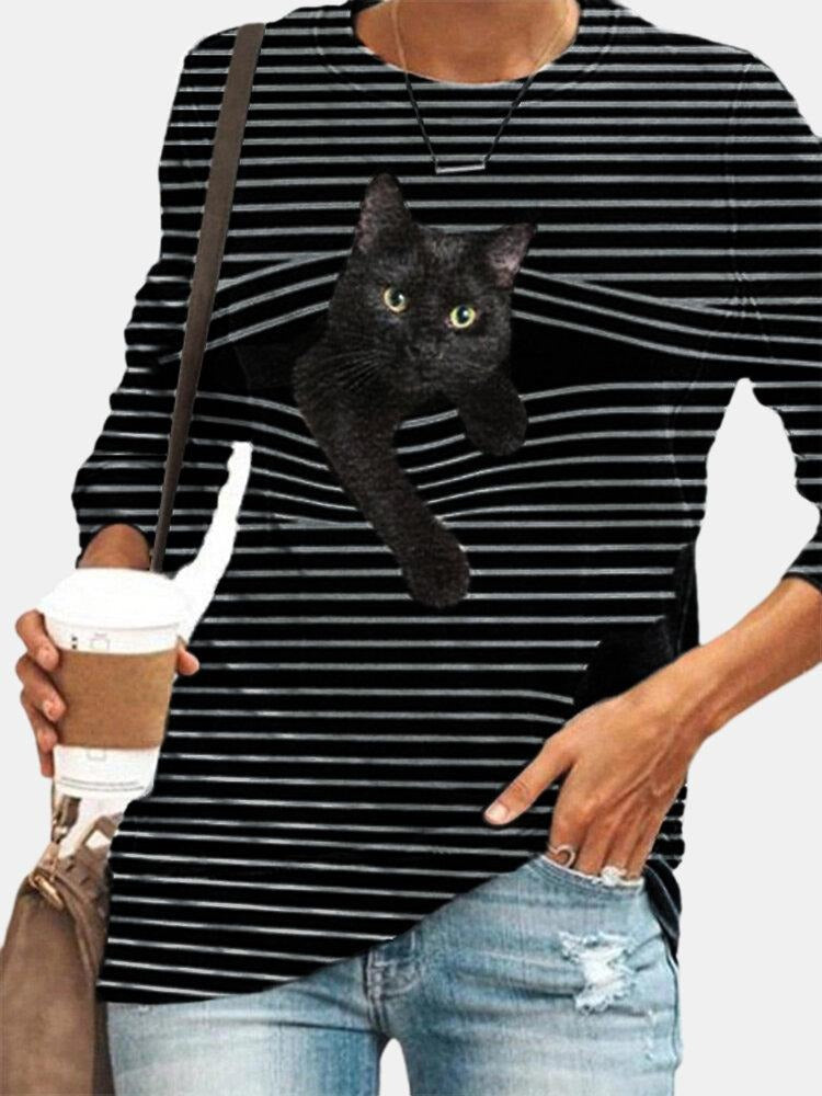 Stripe & Cat Print Long Sleeve Round Neck Slight Stretch T-shirt