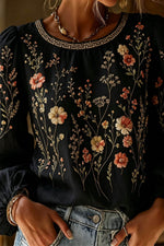 Women's Black Multicolor Wildflower Geometric Round Neck Long Sleeve Blouse