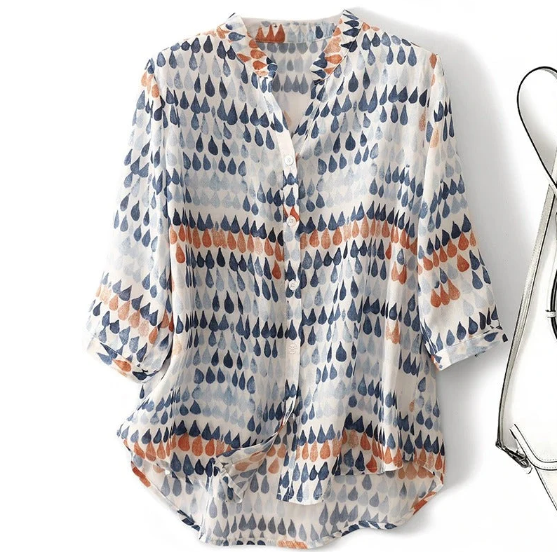 Women's Printed Linen Relaxed Raindrop-Print Blouse