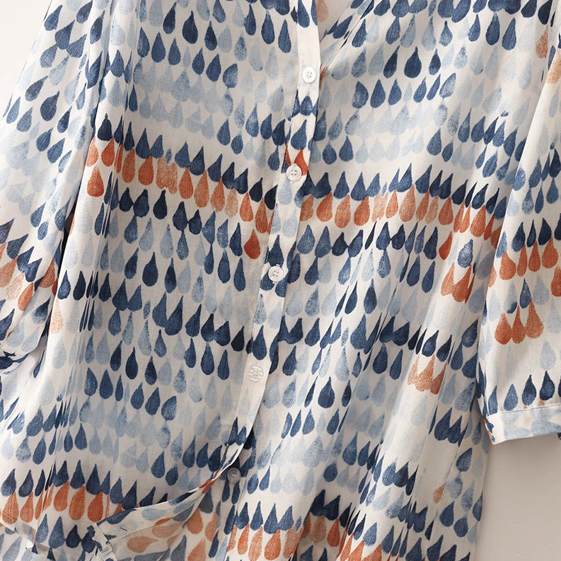 Women's Printed Linen Relaxed Raindrop-Print Blouse