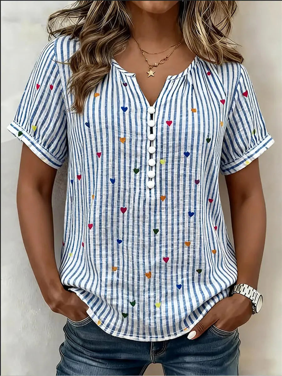 Casual Heart And Stripe Linen-cotton Short sleeve Shirt