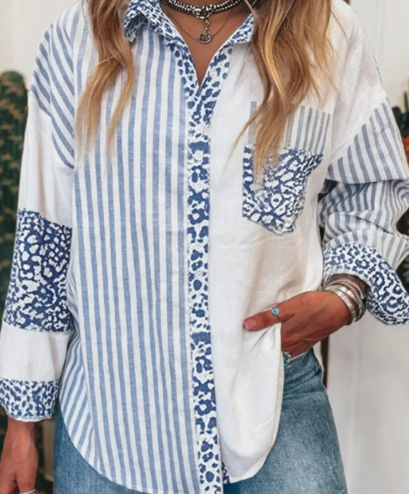 Striped Patchwork Button Down Shirt with Leopard Print Details