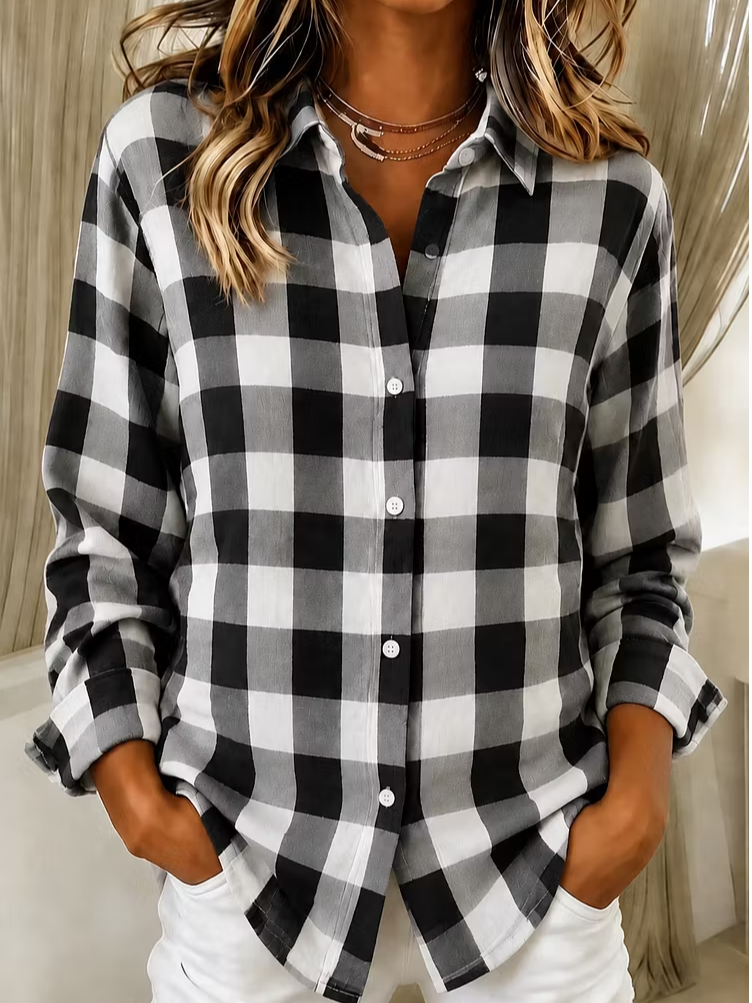 Women Plaid Casual Simple Shirt Shirt Collar Long Sleeve Buckle Top