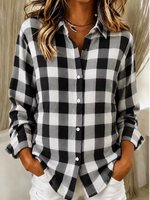 Women Plaid Casual Simple Shirt Shirt Collar Long Sleeve Buckle Top