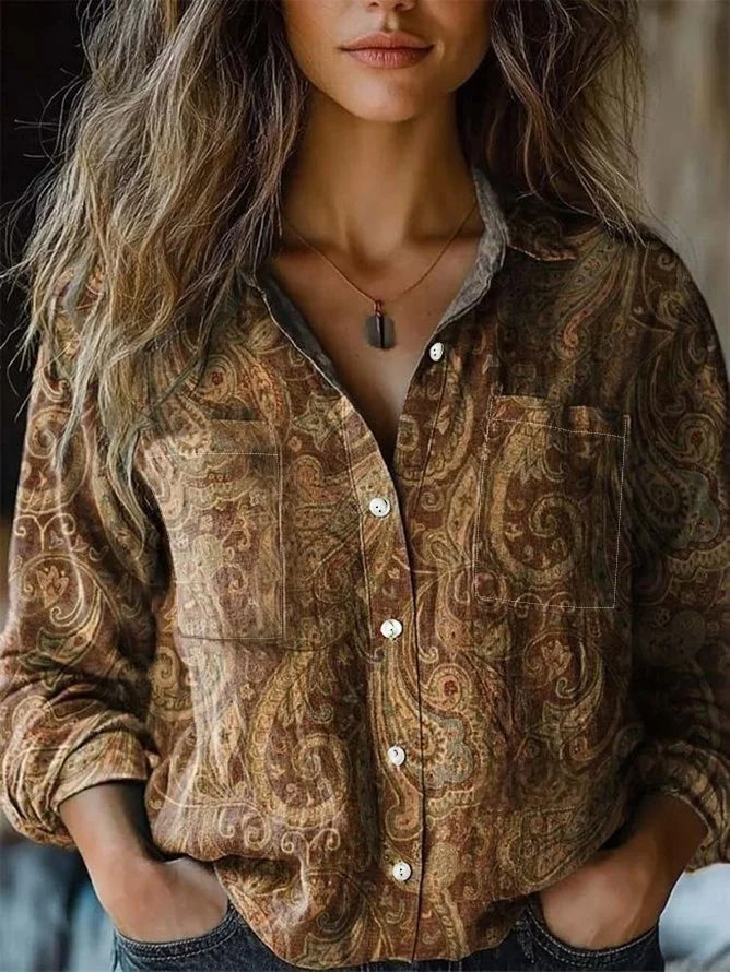 Shawl Collar Long Sleeve Paisley Regular Micro-Elasticity Loose Shirt For Women