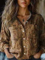 Shawl Collar Long Sleeve Paisley Regular Micro-Elasticity Loose Shirt For Women