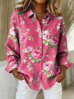 Shirt Collar Long Sleeve Floral Buckle Regular Loose Button Up Shirt Shirt For Women