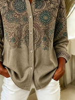 Women Floral Casual Shirt Shirt Collar Long Sleeve Buckle Top