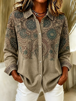 Women Floral Casual Shirt Shirt Collar Long Sleeve Buckle Top
