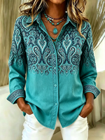 Women Ethnic Casual Shirt Shirt Collar Long Sleeve Buckle Top