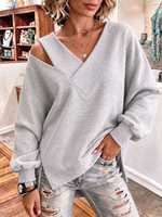 Casual Simple Plain V Neck Long Sleeve Sweatshirt