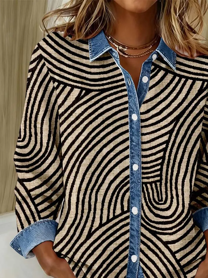 Women Abstract Casual Shirt Shirt Collar Long Sleeve Buckle Top