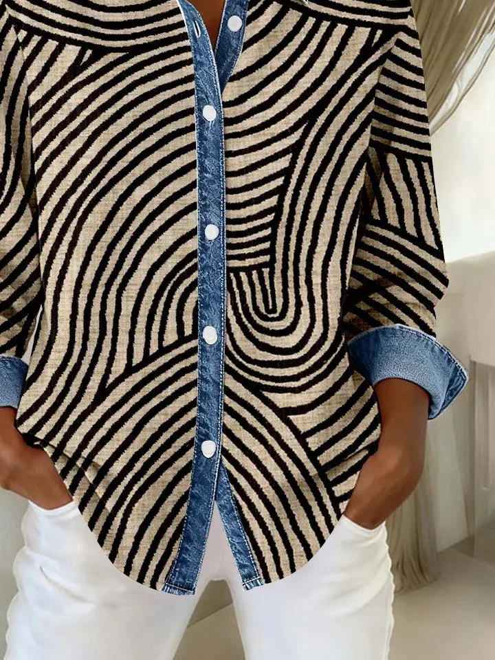 Women Abstract Casual Shirt Shirt Collar Long Sleeve Buckle Top