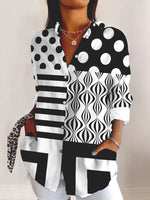 Shirt Collar Long Sleeve Geometric Regular Micro-Elasticity Regular Fit Shirt For Women