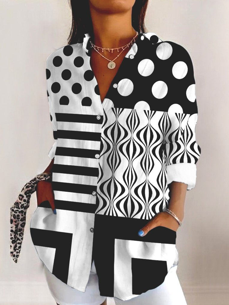 Shirt Collar Long Sleeve Geometric Regular Micro-Elasticity Regular Fit Shirt For Women