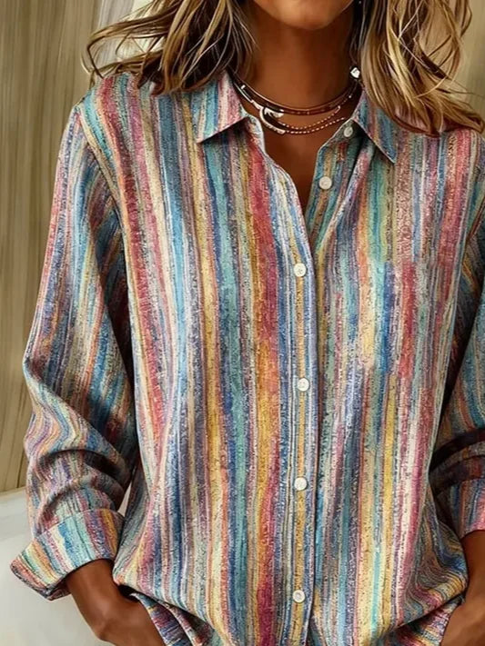 Shirt Collar Regular Sleeve Long Sleeve Striped Buckle Regular Loose Button Up Shirt Shirt For Women