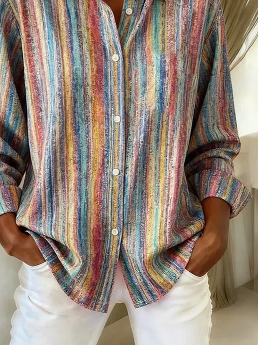 Shirt Collar Regular Sleeve Long Sleeve Striped Buckle Regular Loose Button Up Shirt Shirt For Women