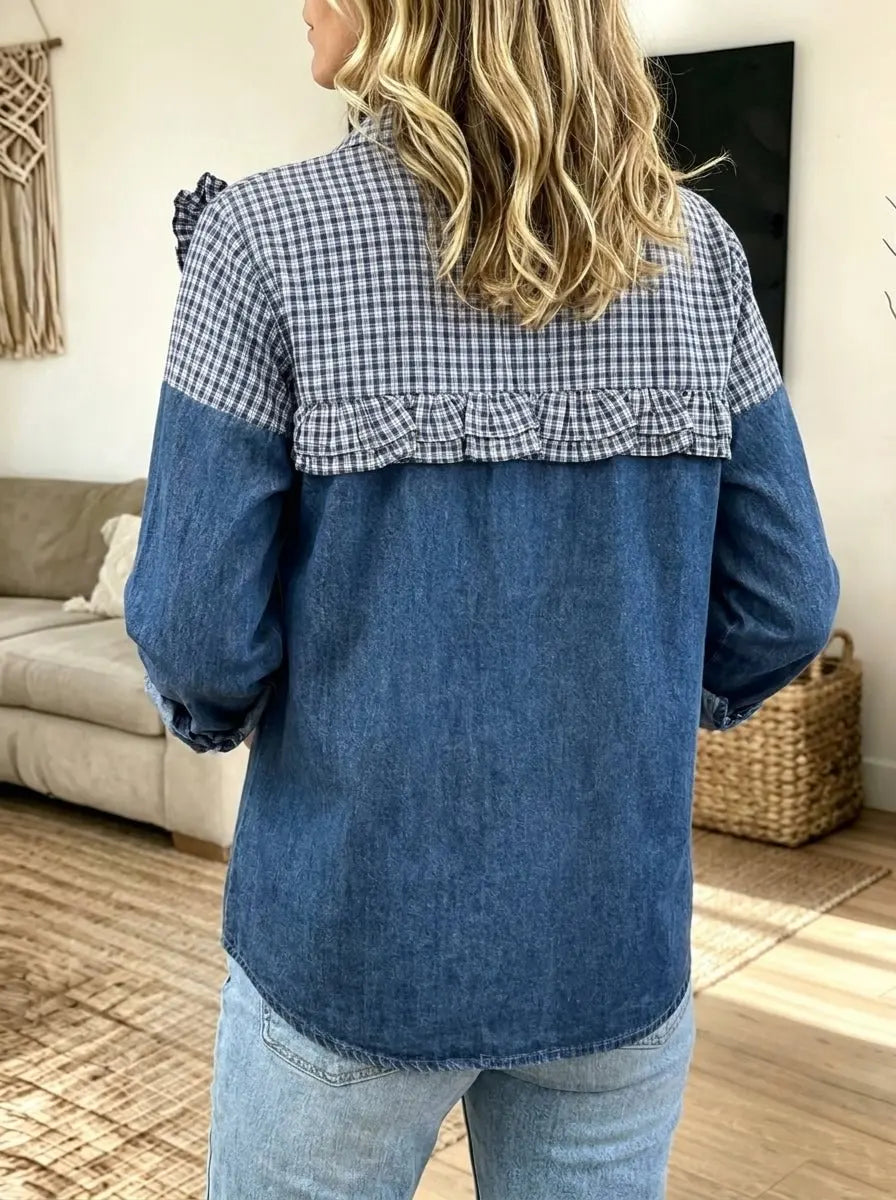 Women Casual Denim Gingham Spliced 3D Ruffle Floral Button Down Shirt