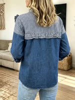 Women Casual Denim Gingham Spliced 3D Ruffle Floral Button Down Shirt