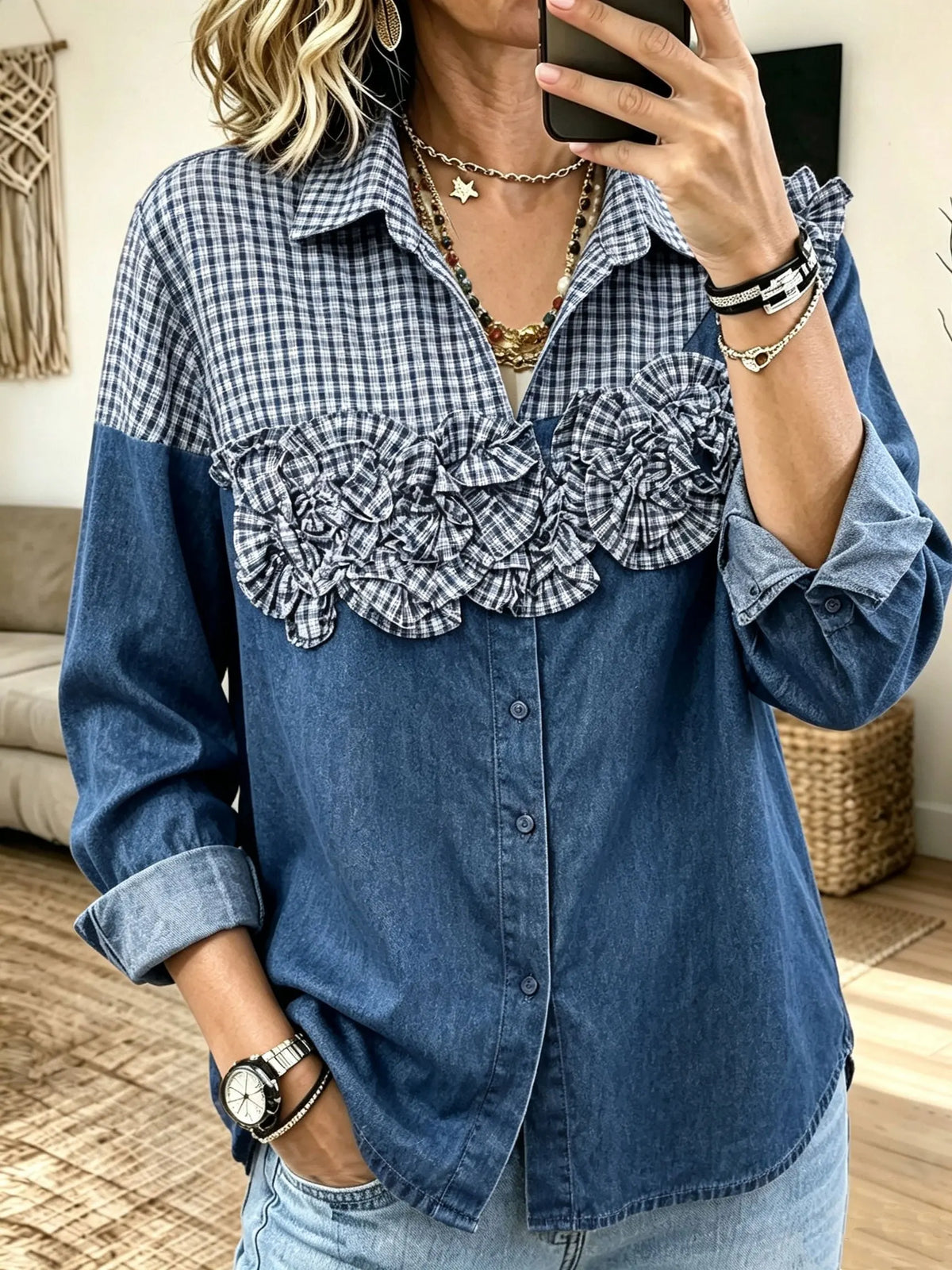 Women Casual Denim Gingham Spliced 3D Ruffle Floral Button Down Shirt