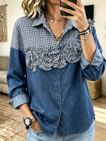 Women Casual Denim Gingham Spliced 3D Ruffle Floral Button Down Shirt
