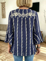 Women Casual Boho Floral Print V Neck Ruffle Bell 3/4 Sleeve Blouse