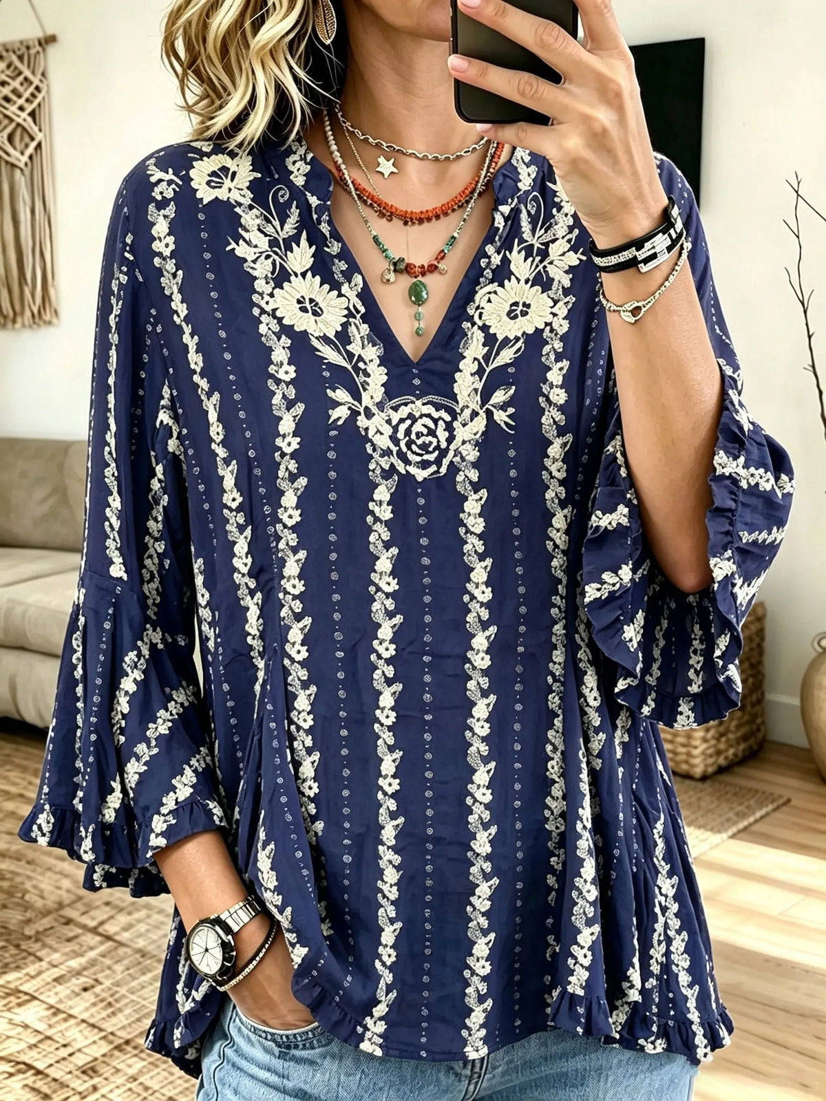 Women Casual Boho Floral Print V Neck Ruffle Bell 3/4 Sleeve Blouse