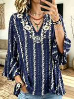 Women Casual Boho Floral Print V Neck Ruffle Bell 3/4 Sleeve Blouse
