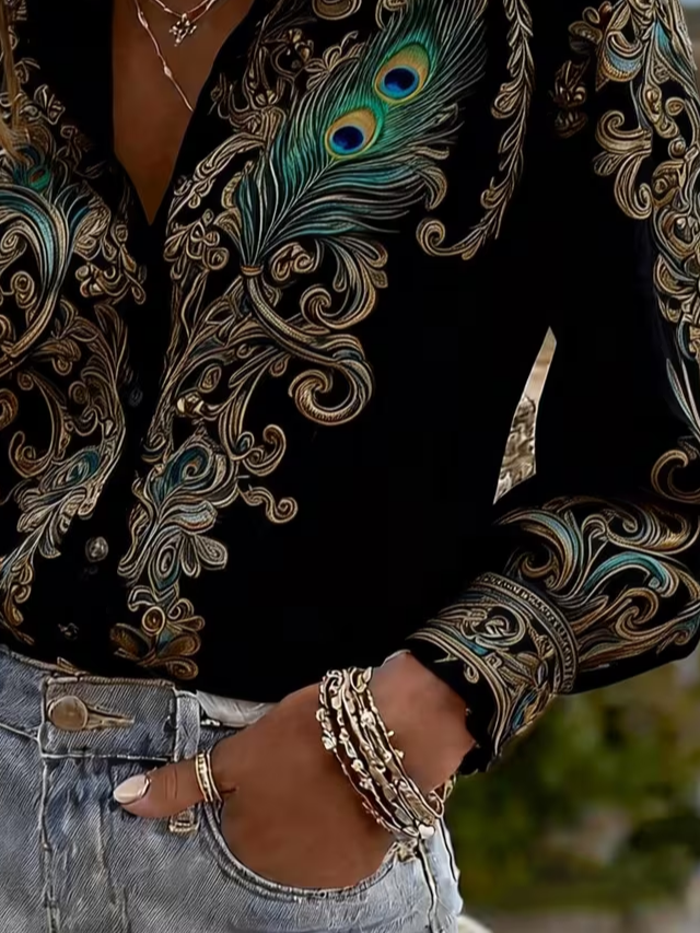 Women Abstract Casual Shirt Shirt Collar Long Sleeve Buckle Top
