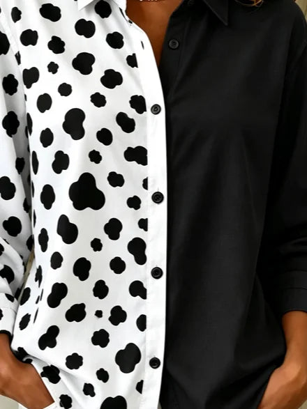 Women Polka Dots Vintage Casual Shirt Shawl Collar Long Sleeve Top