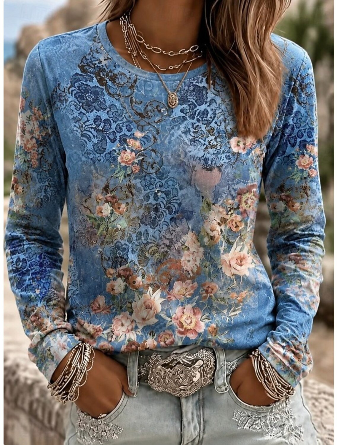 Vintage Casual Floral Crew Neck Long Sleeve T-shirt