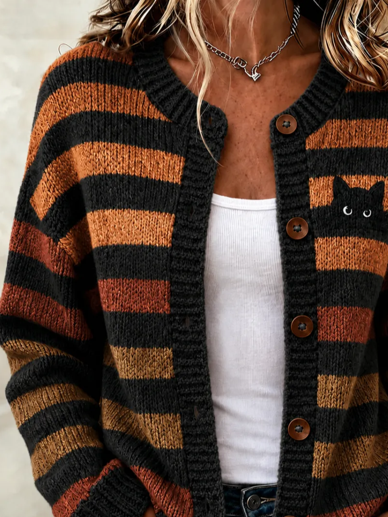 Women Striped Long Sleeve Comfy Vintage Printing Cardigan