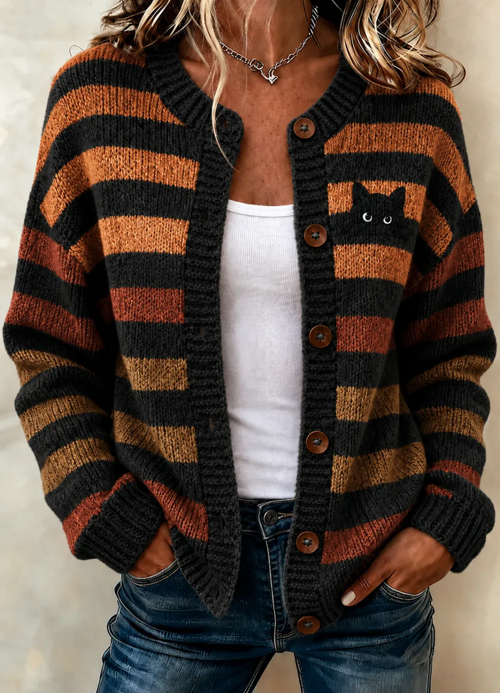 Women Striped Long Sleeve Comfy Vintage Printing Cardigan