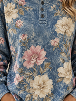 Vintage Casual Floral Henley Collar Long Sleeve Sweatshirt