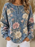 Vintage Casual Floral Henley Collar Long Sleeve Sweatshirt