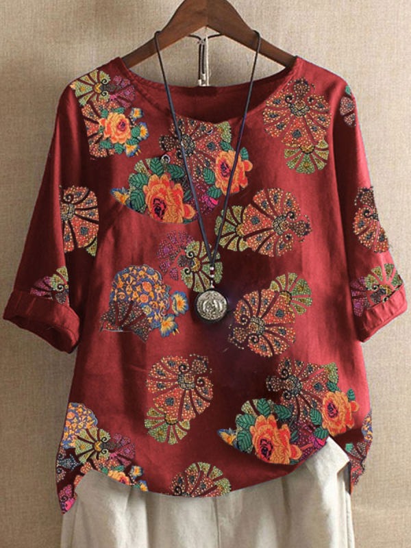 Red Floral Printed Round Neck Short Sleeve Blouse