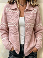 Women's Geometric Print Lapel Long Sleeve Loose Knit Cardigan