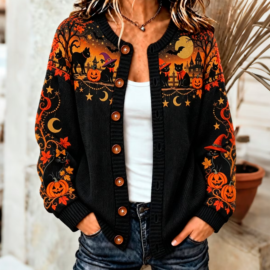 Women's Halloween Black Cat And Pumpkin Art Pattern Knit Cardigan