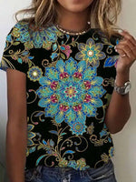 Ethnic Round Neck Short Sleeve Casual T-shirt