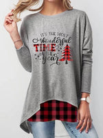 Christmas Print Plaid Casual Irregular Hem Sweatshirt