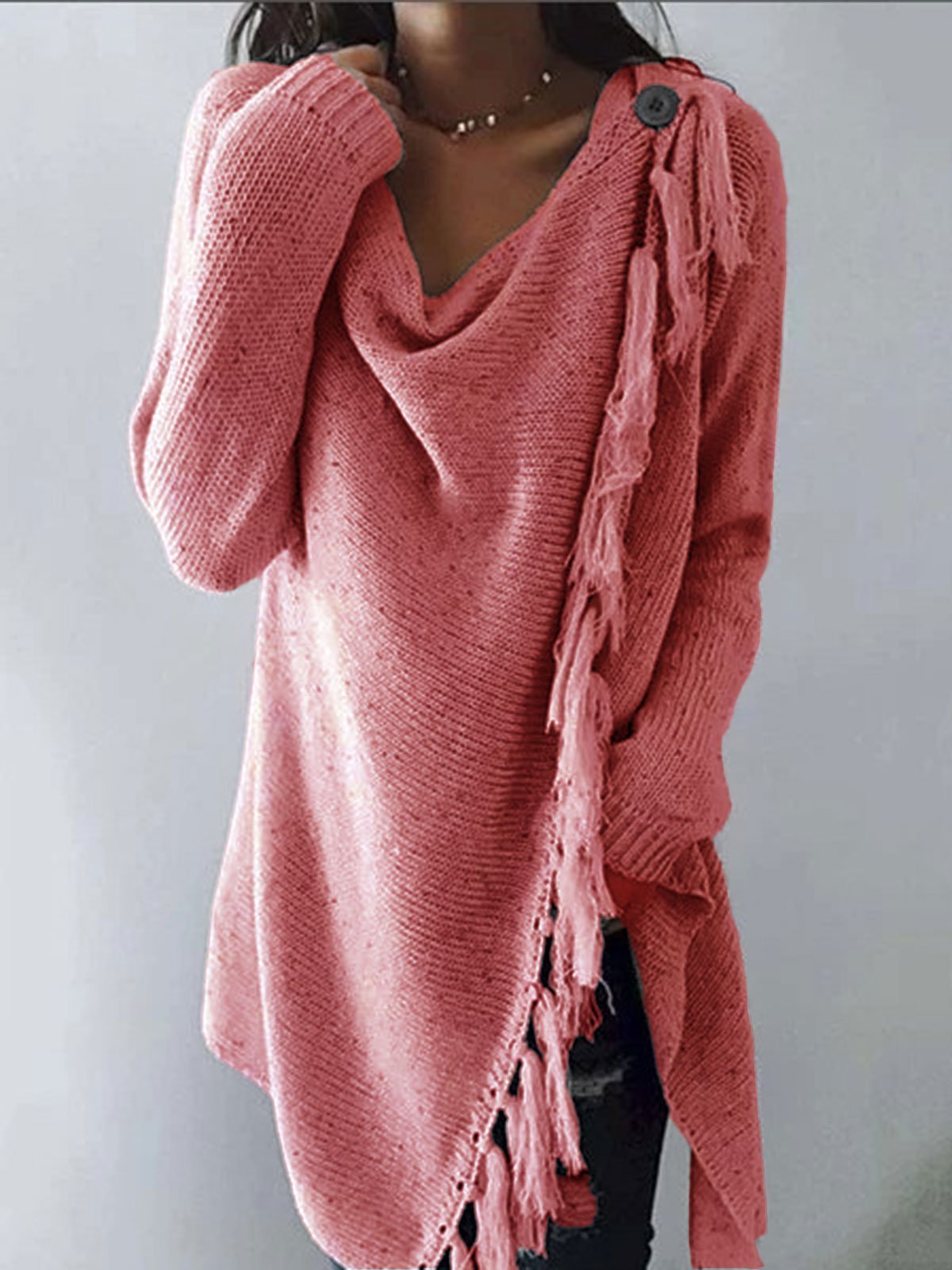 Long Sleeve Cowl Neck Plain Cotton-Blend Shirts & Tops