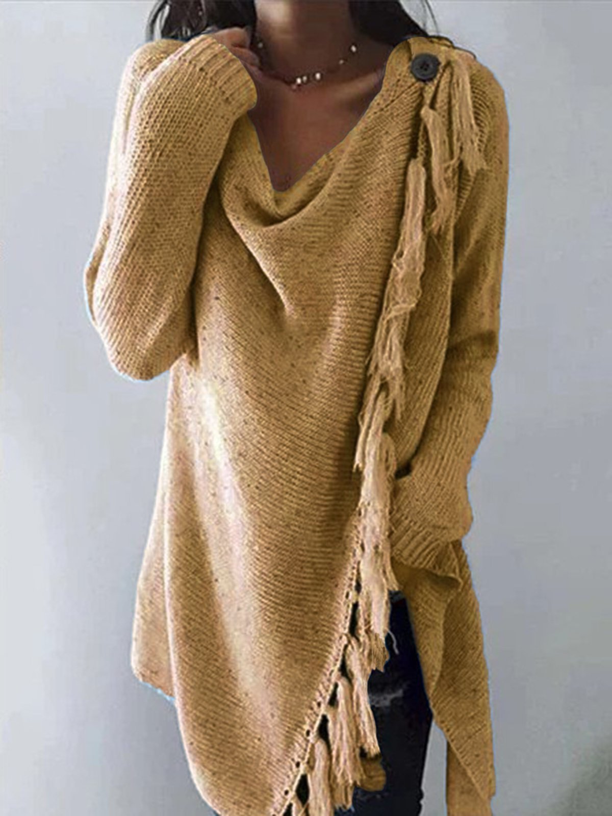 Long Sleeve Cowl Neck Plain Cotton-Blend Shirts & Tops
