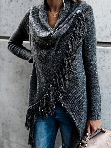 Long Sleeve Cowl Neck Plain Cotton-Blend Shirts & Tops