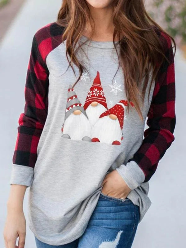 Christmas Gnomes Print Plaid Long Sleeves Casual Sweatshirt