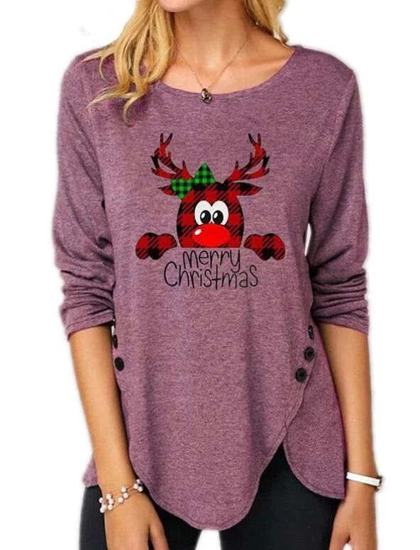 Christmas Deer Print Long Sleeves Irregular Hem Sweatshirt