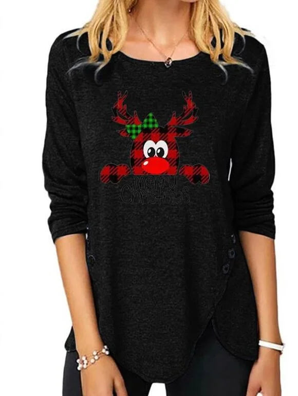Christmas Deer Print Long Sleeves Irregular Hem Sweatshirt