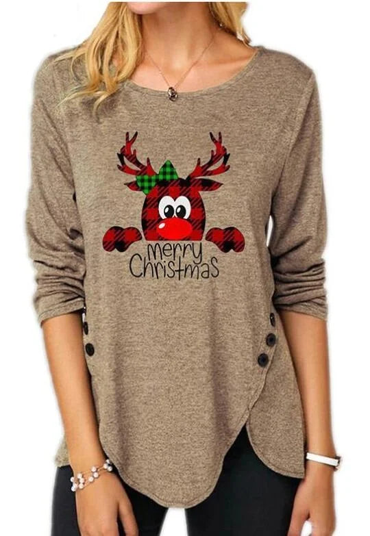 Christmas Deer Print Long Sleeves Irregular Hem Sweatshirt